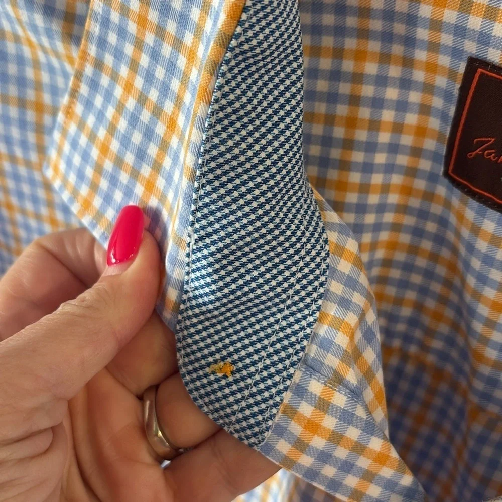 James tattersall London Men's cotton Blue Yellow gingham plaid casual shirt XL